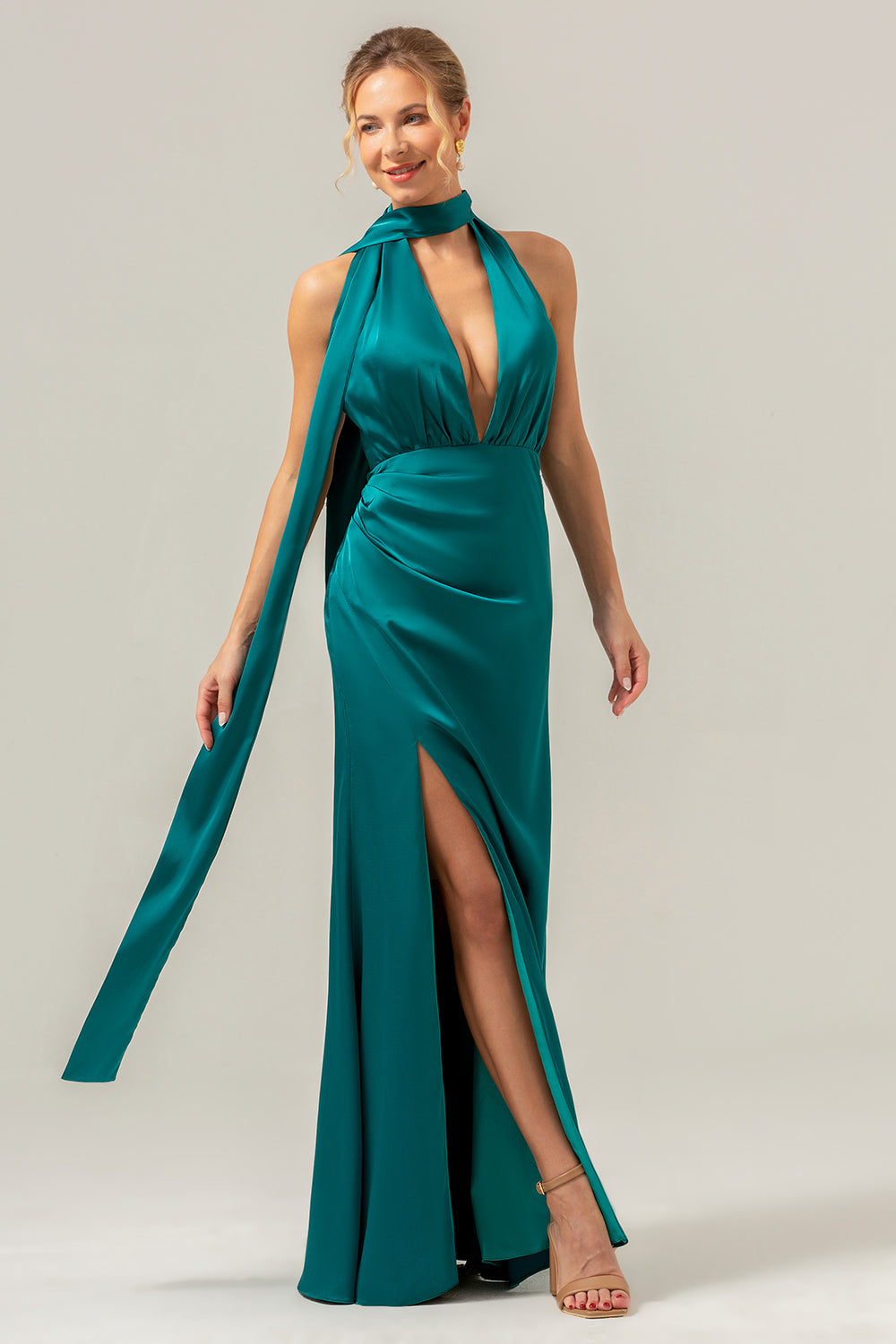 Robe longue de demoiselle d'honneur fendue à col en V dos nu bleu paon