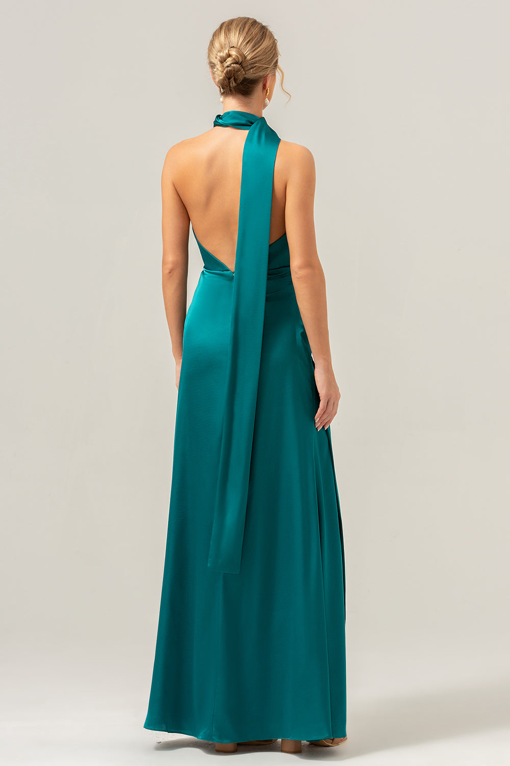 Robe longue de demoiselle d'honneur fendue à col en V dos nu bleu paon
