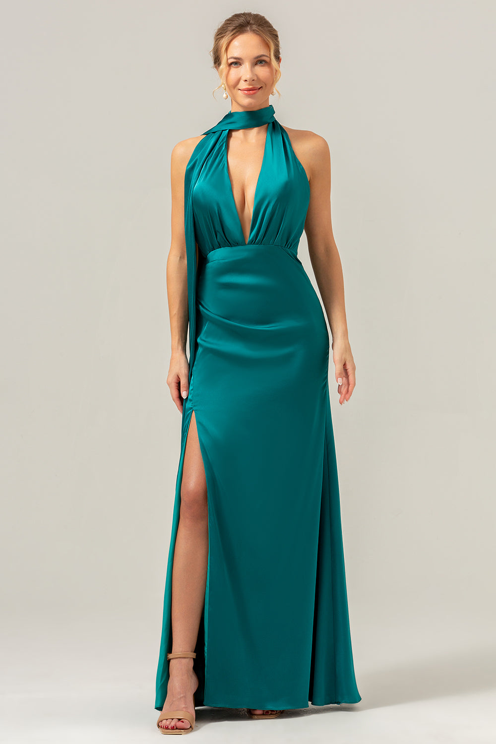 Robe longue de demoiselle d'honneur fendue à col en V dos nu bleu paon