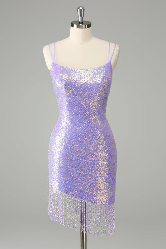 Sparkly Lilac Bodycon Sequin Short Homecoming Dress with Tassels