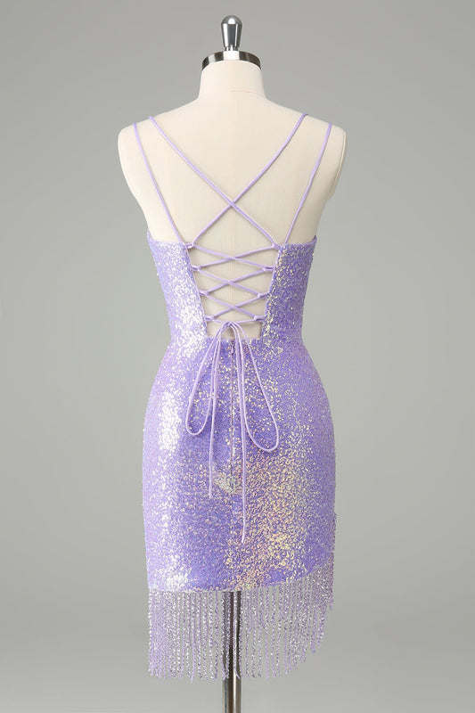 Sparkly Lilac Bodycon Sequin Short Homecoming Dress with Tassels