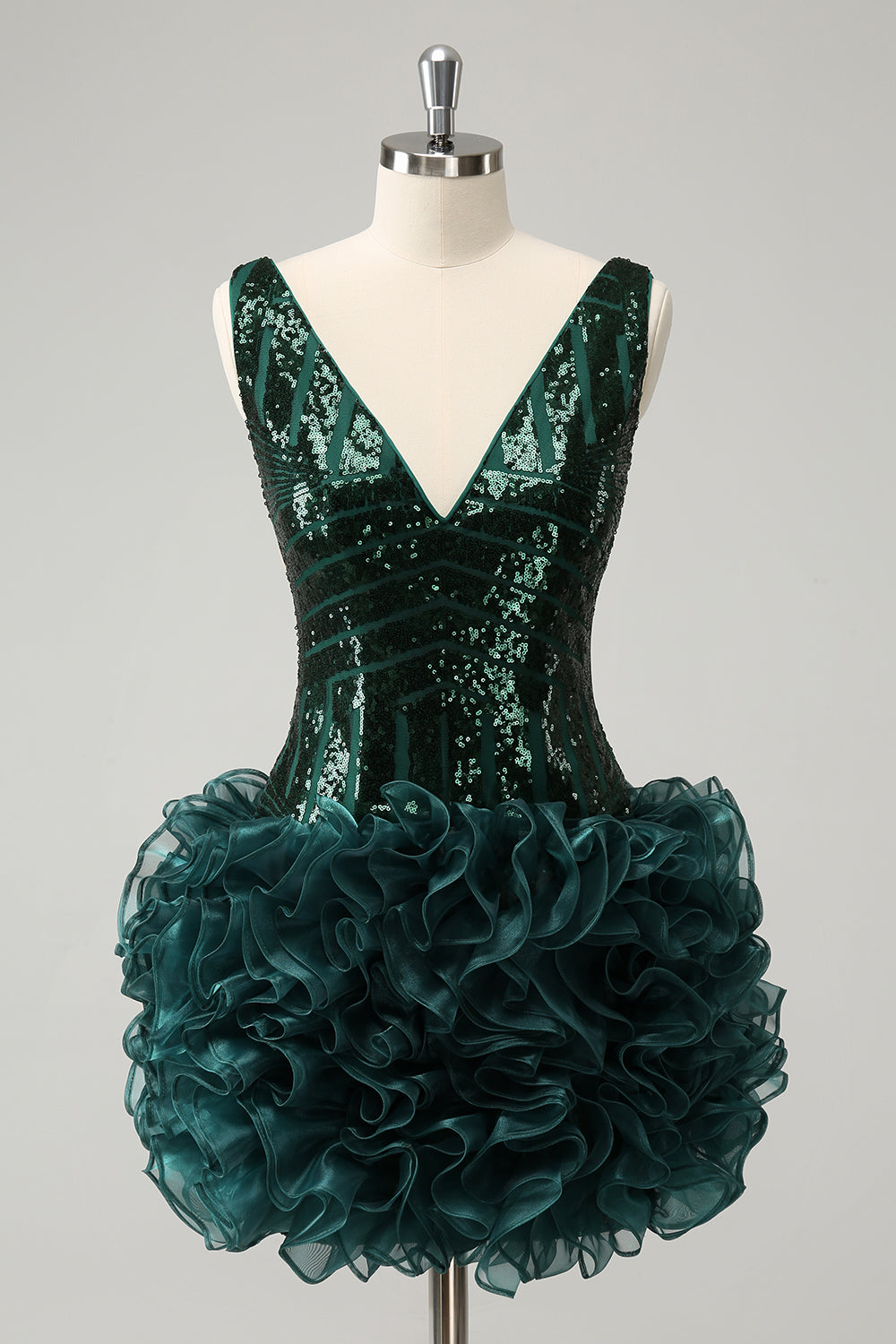 Glitter Dark Green V Neck Sequin Homecoming Dress with Detachable Ruffles