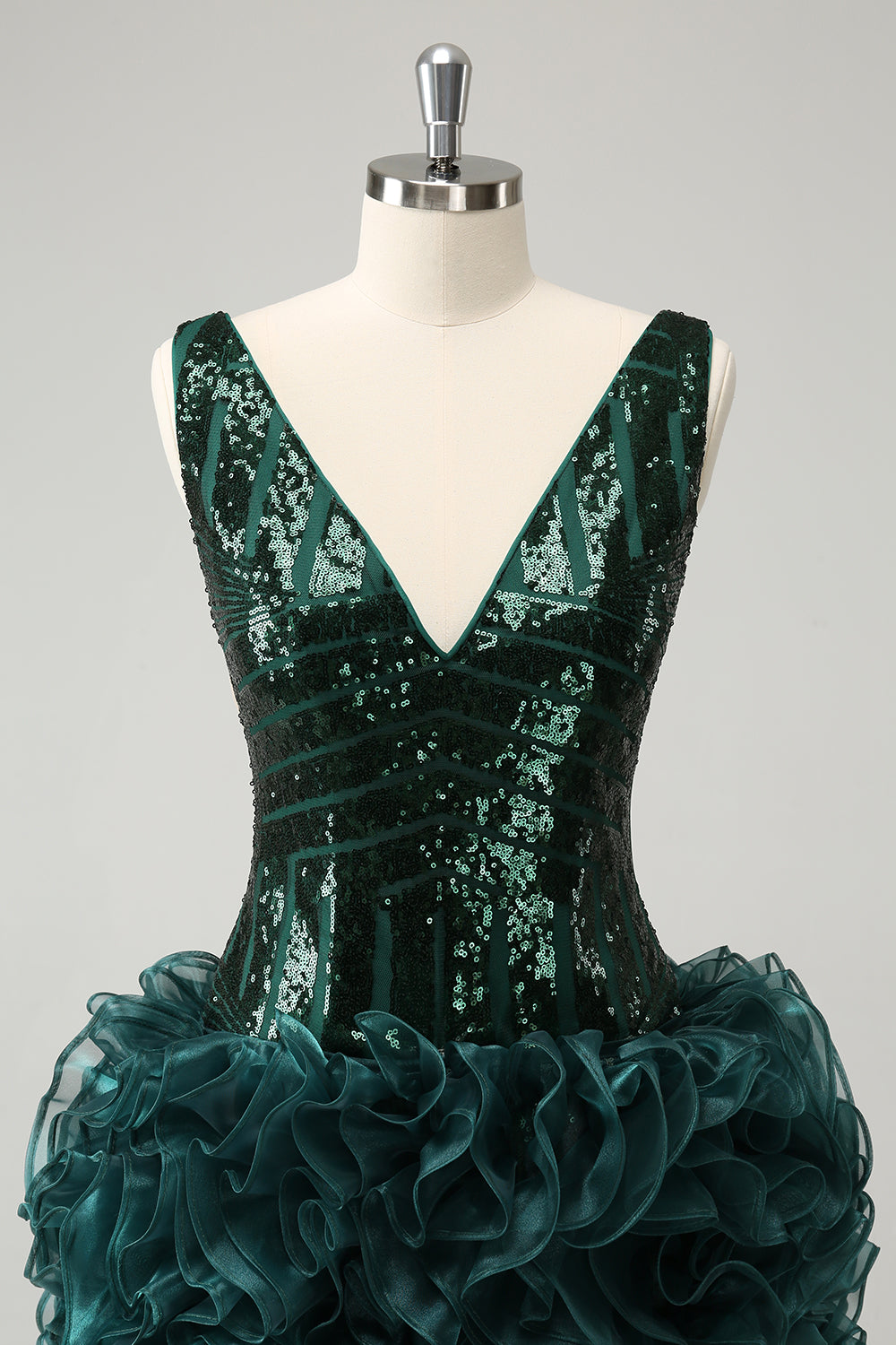 Glitter Dark Green V Neck Sequin Homecoming Dress with Detachable Ruffles