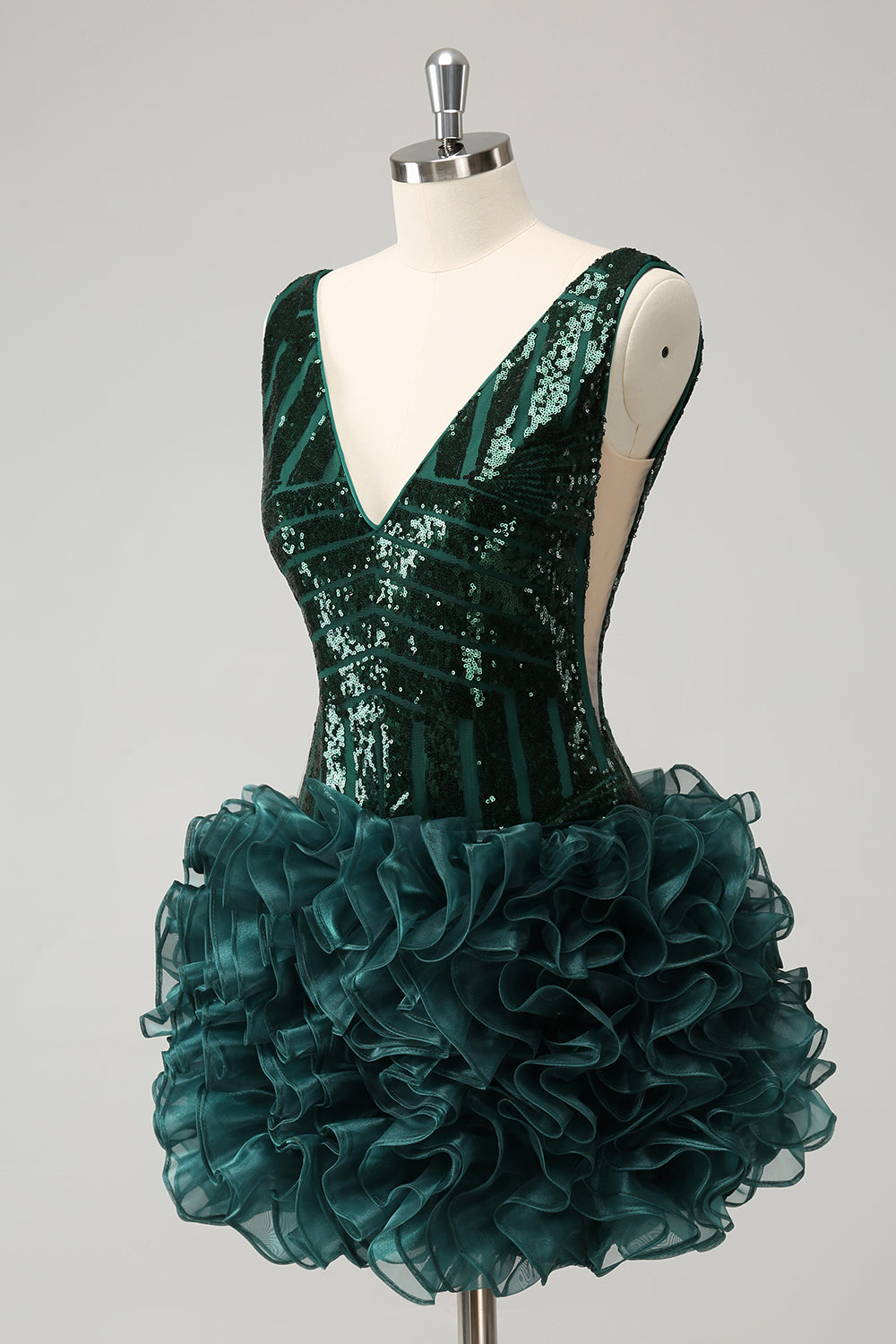 Glitter Dark Green V Neck Sequin Homecoming Dress with Detachable Ruffles