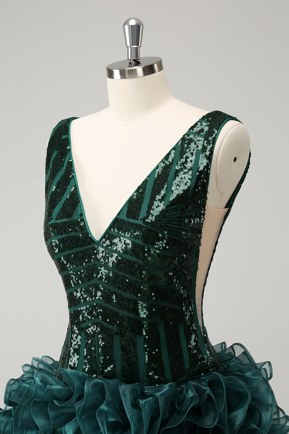 Glitter Dark Green V Neck Sequin Homecoming Dress with Detachable Ruffles