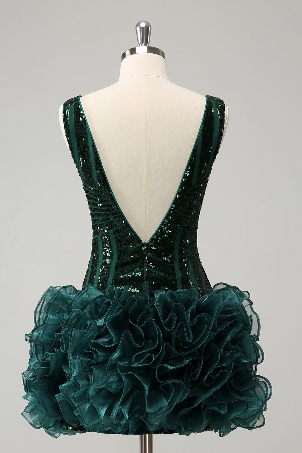 Glitter Dark Green V Neck Sequin Homecoming Dress with Detachable Ruffles