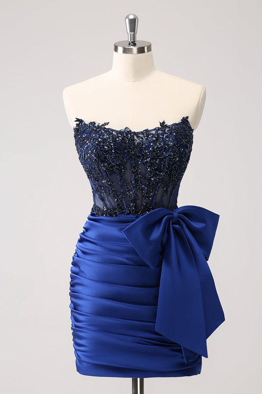 Vestido de fiesta de bienvenida ajustado sin tirantes, con abalorios y aplicaciones, azul marino brillante