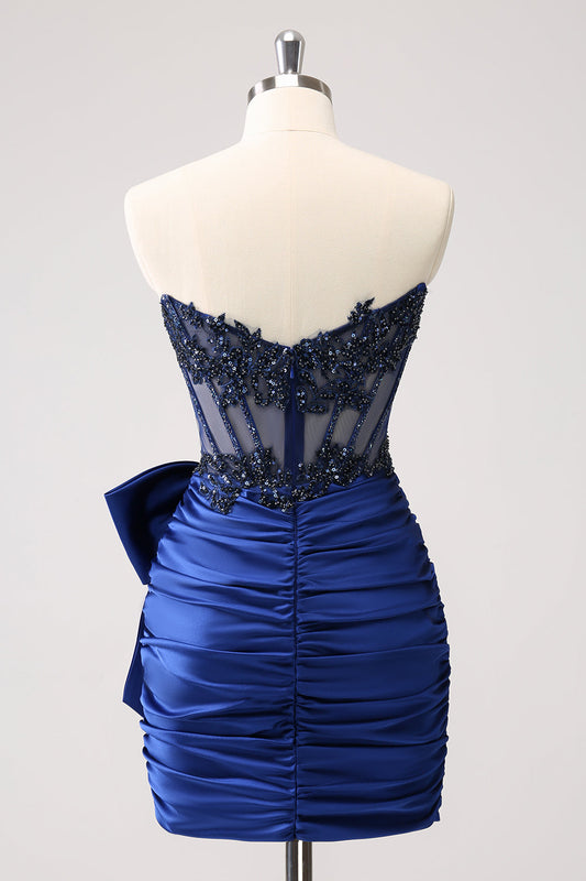 Vestido de fiesta de bienvenida ajustado sin tirantes, con abalorios y aplicaciones, azul marino brillante