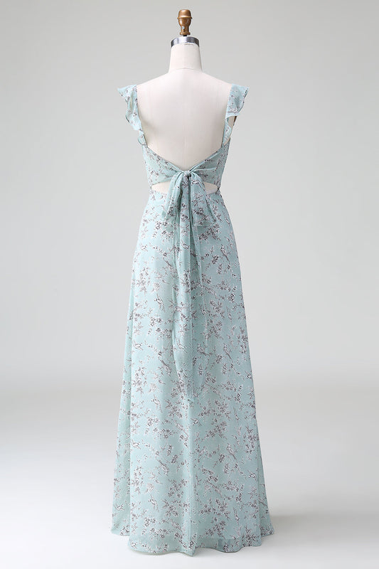 Grey-Green Sheath Floral Print Long Bridesmaid Dress with Slit