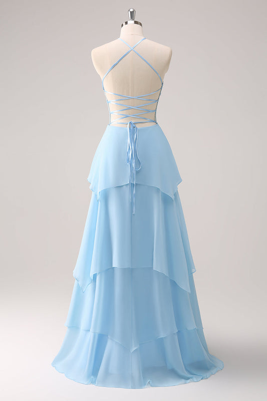 Sparkly Blue Halter Floral Long Bridesmaid Dress with Lace-Up Back