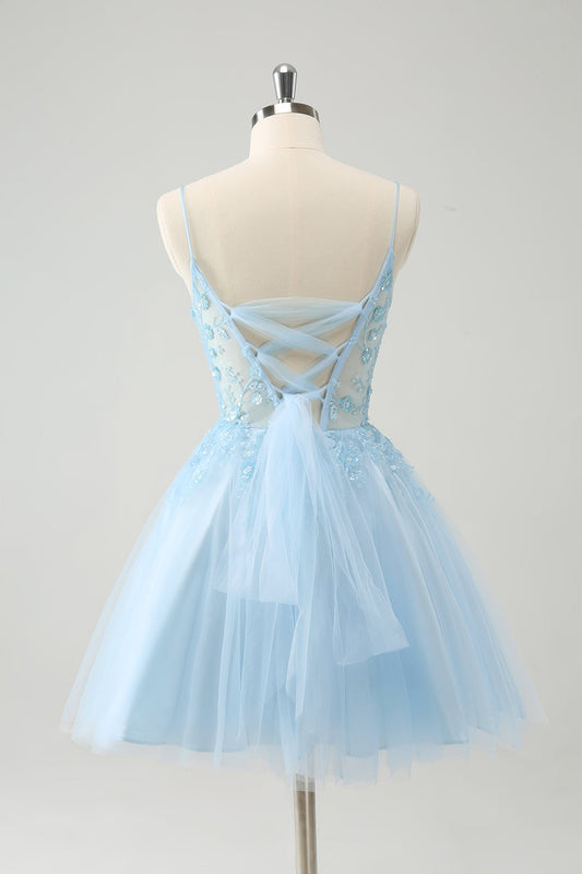 Cute Glitter Blue A-Line Beaded Corset Tulle Homecoming Dress with Appliques