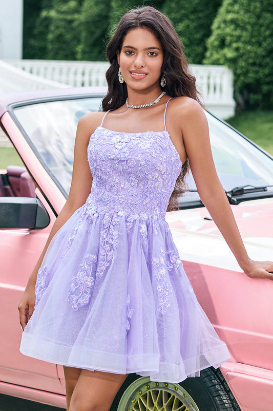 Cute Glitter Lilac A-Line Sequins Short Lace-Up Back Homecoming Dress with Appliques