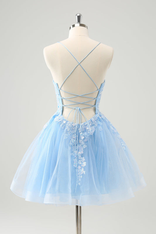 Cute Glitter Blue A-Line Sequined Short Homecoming Dress with Appliques