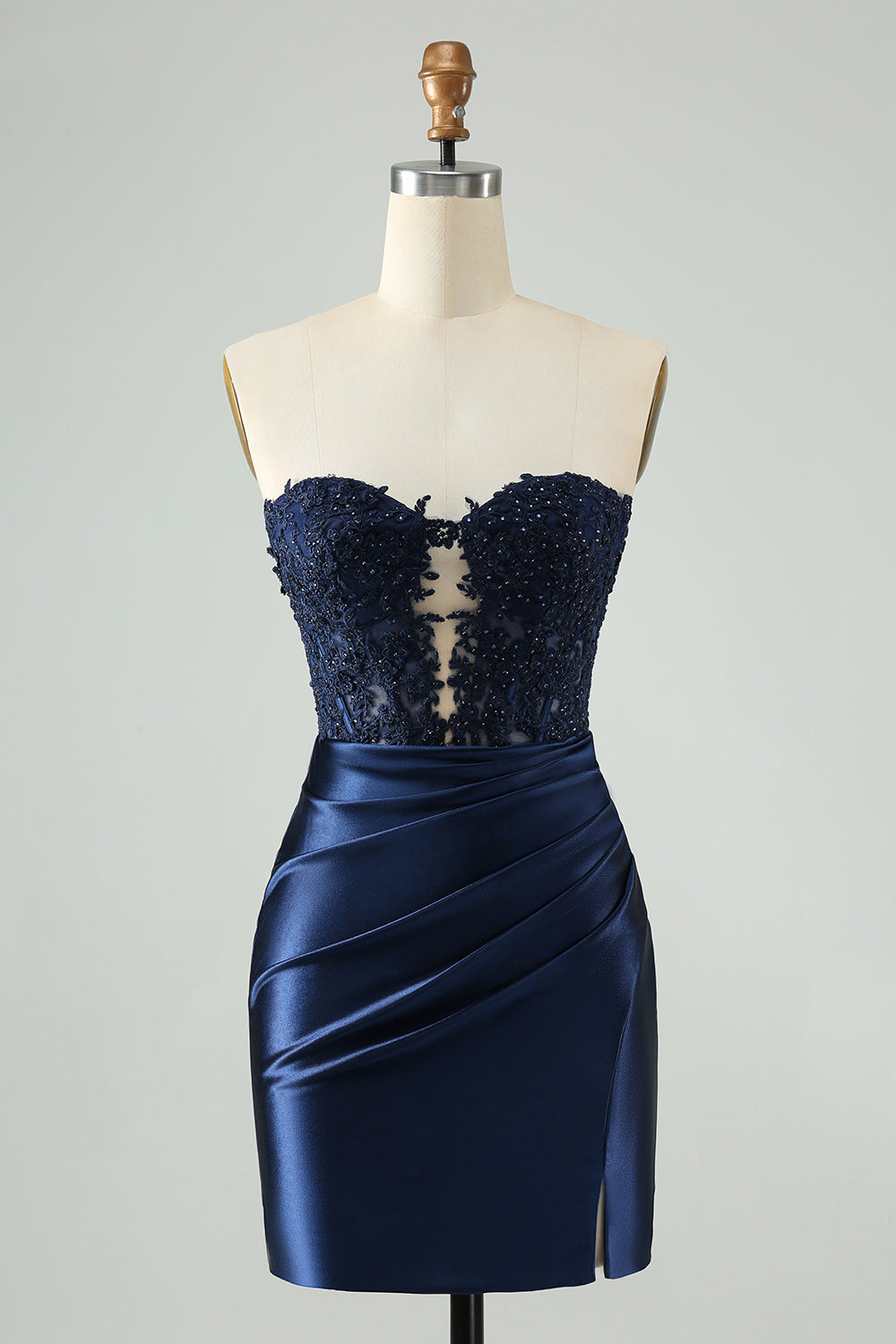 Robe de soirée moulante bleu marine scintillante bustier ajourée avec fente