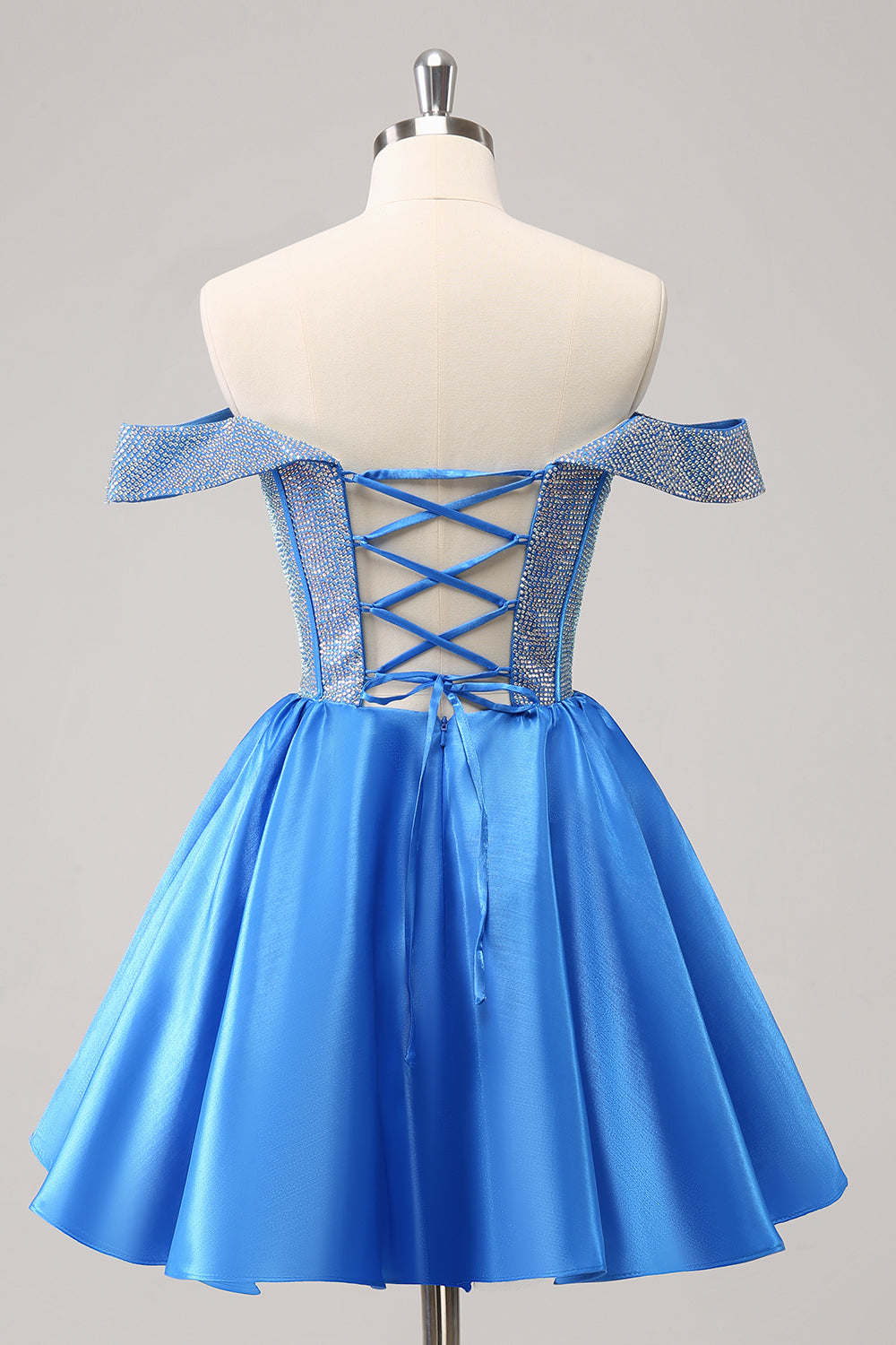 Robe de bal satinée trapèze bleu scintillant ornée de perles, épaules dénudées