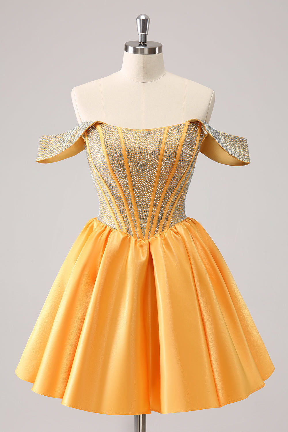 Robe de bal satinée trapèze bleu scintillant ornée de perles, épaules dénudées