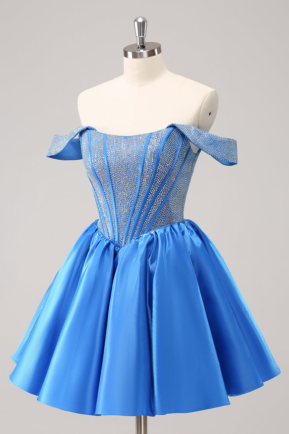 Robe de bal satinée trapèze bleu scintillant ornée de perles, épaules dénudées
