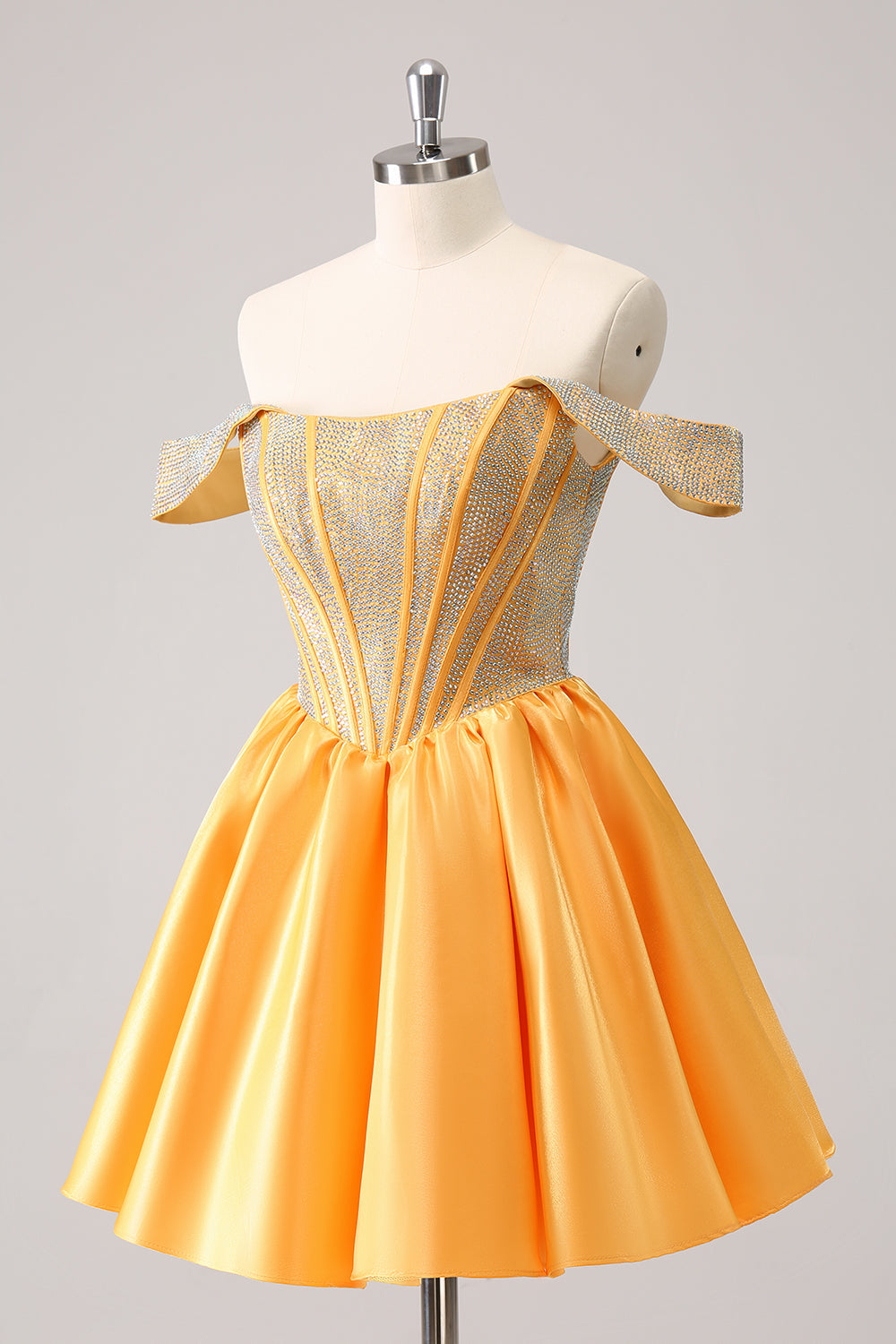 Robe de bal satinée trapèze bleu scintillant ornée de perles, épaules dénudées