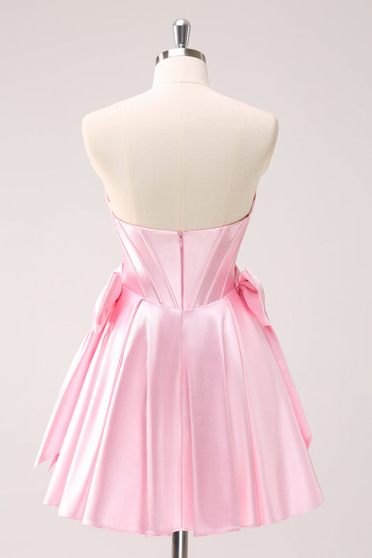 Pink A-Line Strapless Corset Beaded Homecoming Dress with Bows