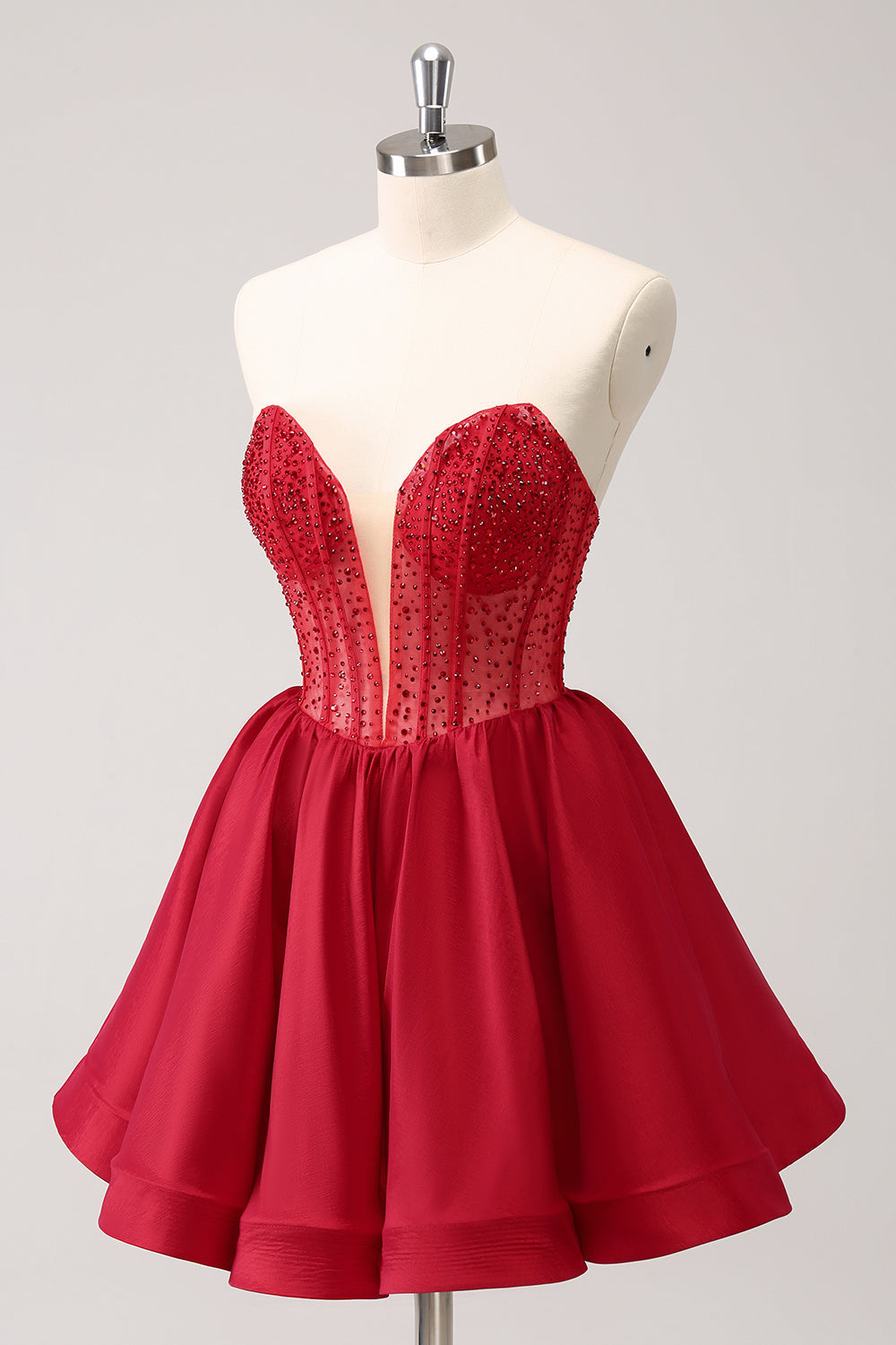 Cute Red A-Line Strapless Ruffle Short Homecoming Dress with Beading