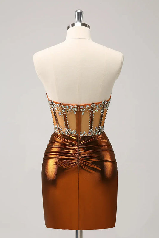 Robe Courte de Soirée à Bretelles, Corset en Cuivre Perlée et Plissée, Ajustée
