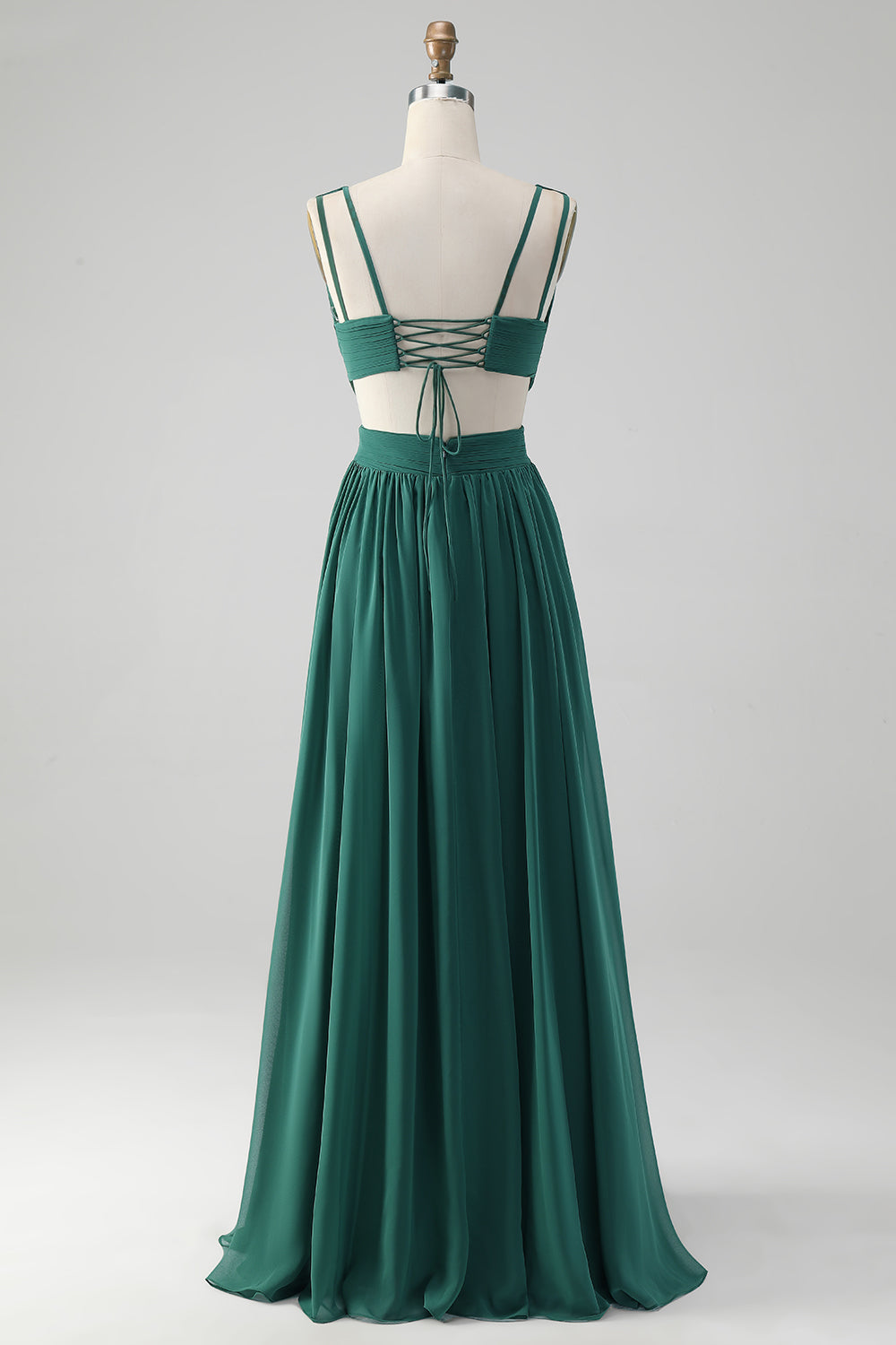 Robe longue de demoiselle d'honneur trapèze en mousseline vert foncé avec dos lacé