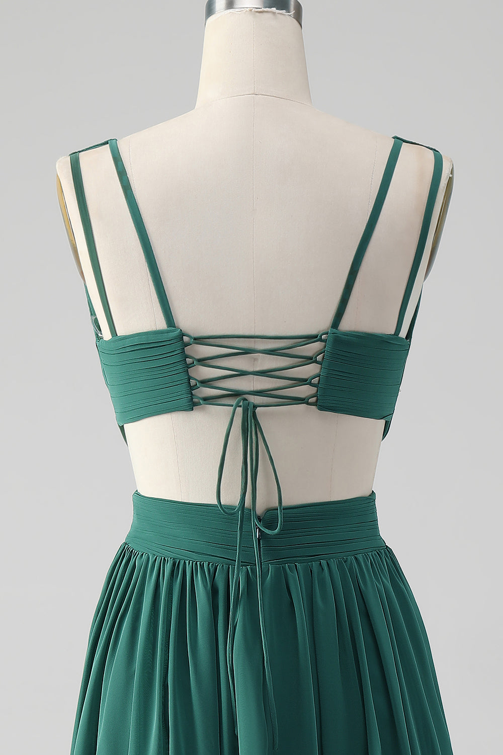 Robe longue de demoiselle d'honneur trapèze en mousseline vert foncé avec dos lacé