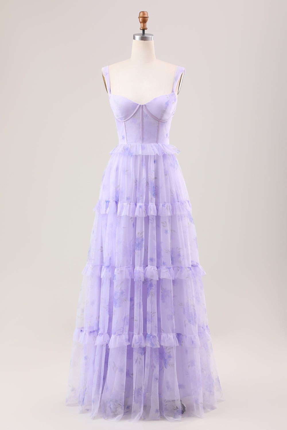 Lavender A-Line Corset Spaghetti Straps Floral Tiered Long Bridesmaid Dress