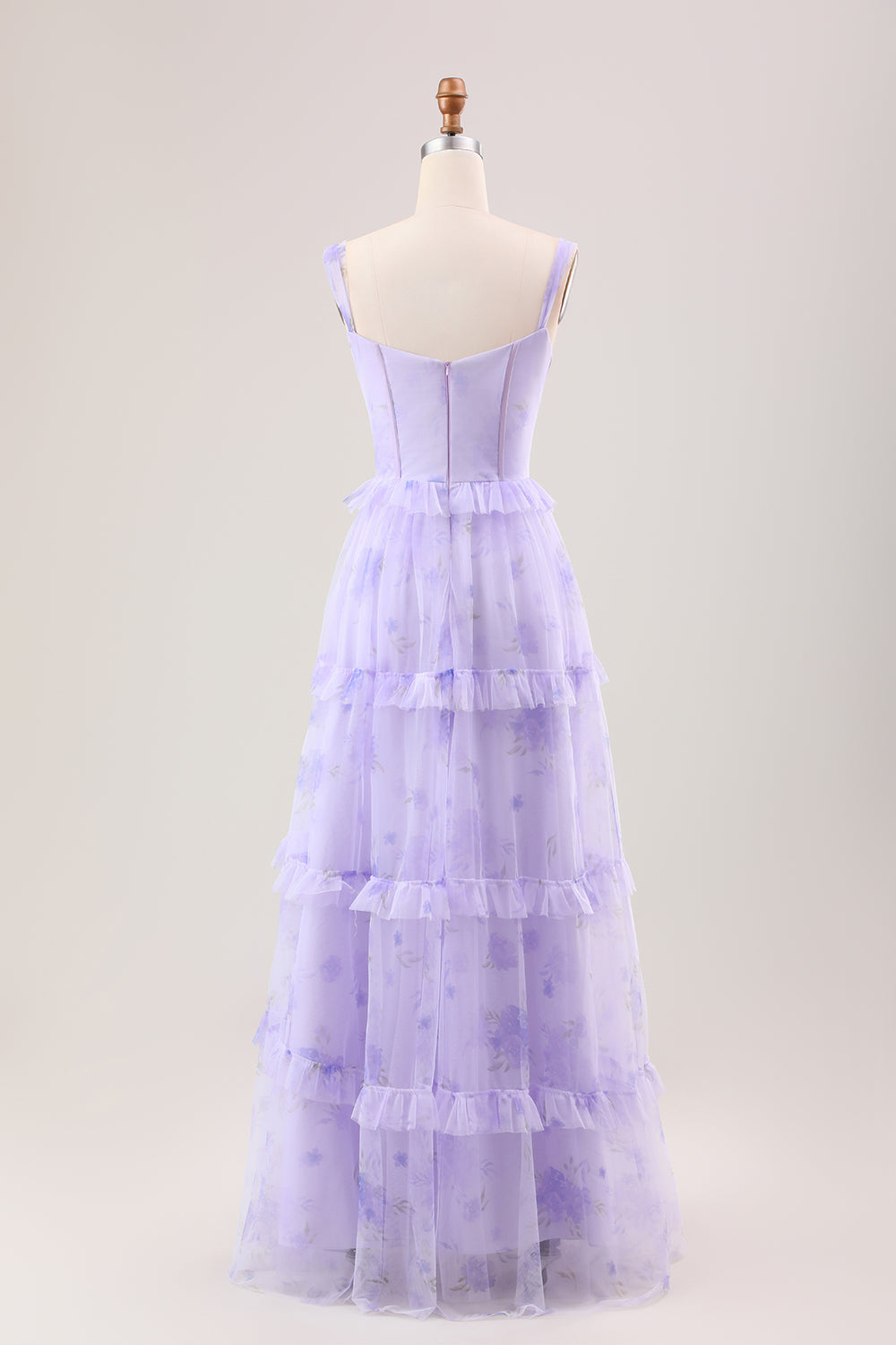 Lavender A-Line Corset Spaghetti Straps Floral Tiered Long Bridesmaid Dress