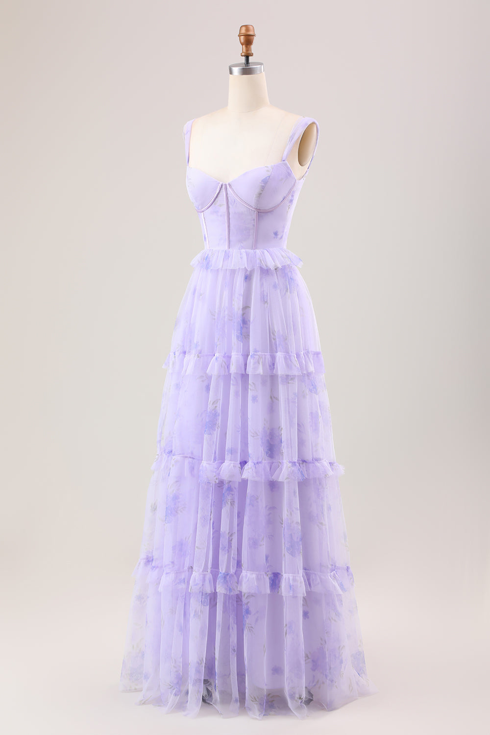 Lavender A-Line Corset Spaghetti Straps Floral Tiered Long Bridesmaid Dress