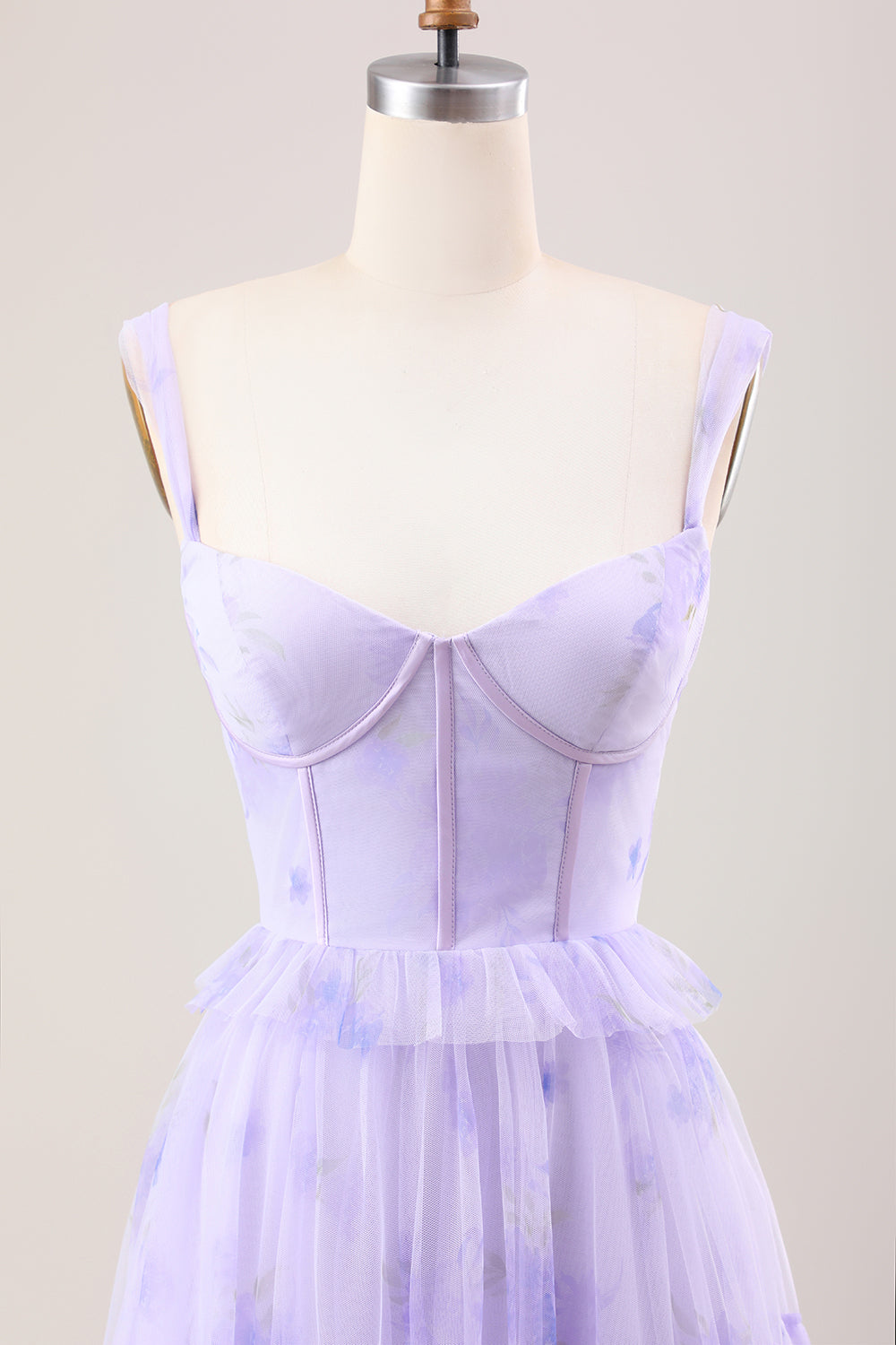 Lavender A-Line Corset Spaghetti Straps Floral Tiered Long Bridesmaid Dress