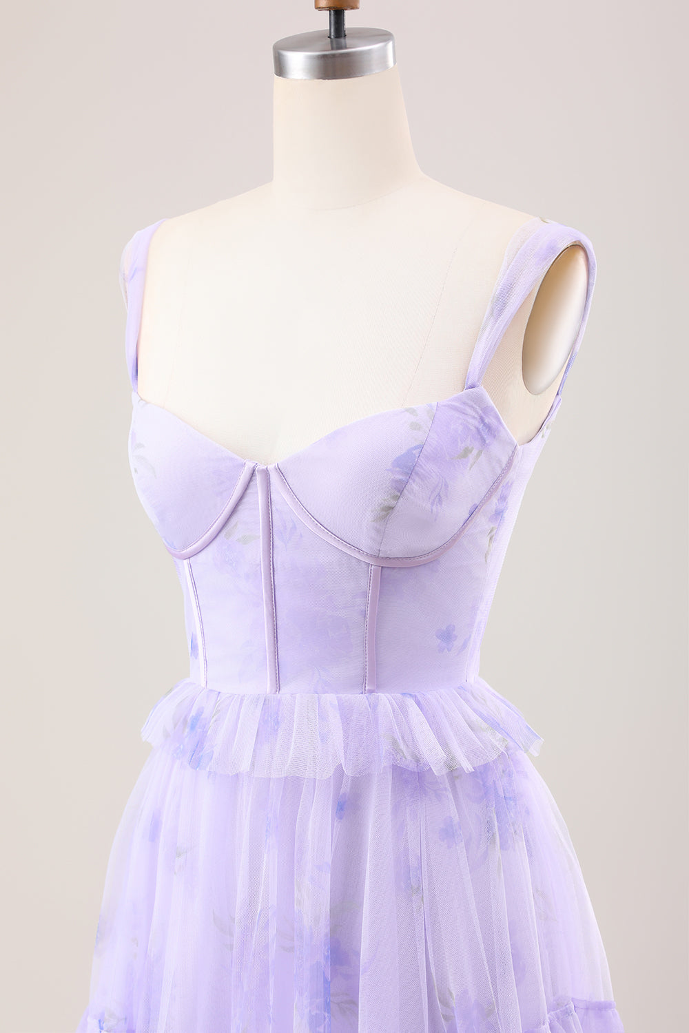 Lavender A-Line Corset Spaghetti Straps Floral Tiered Long Bridesmaid Dress