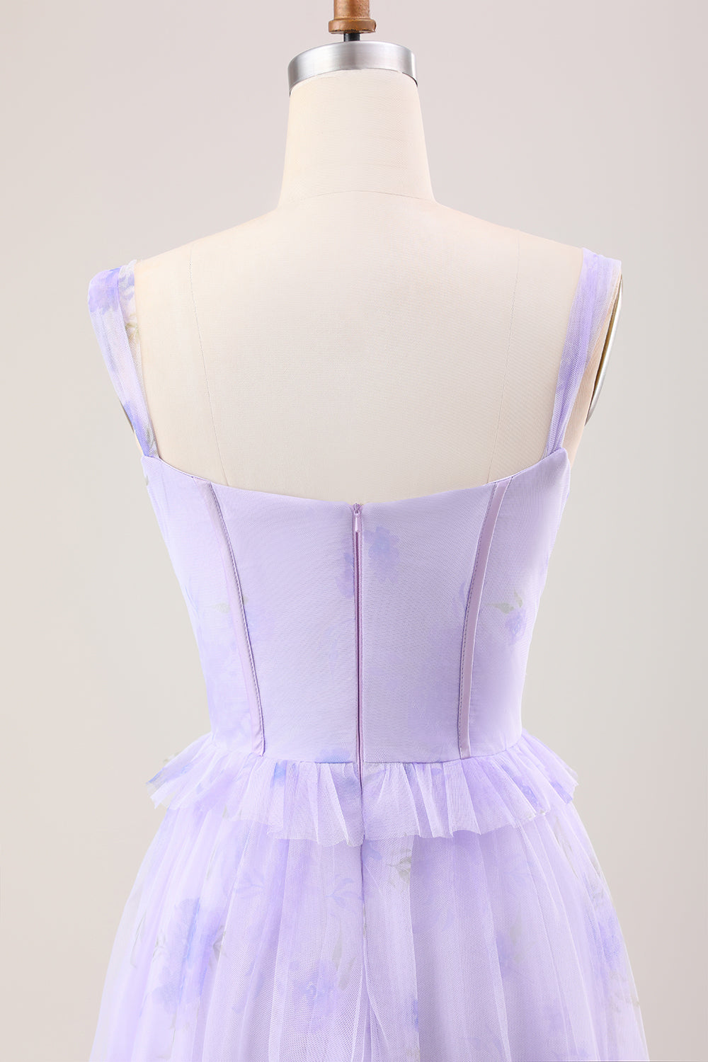 Lavender A-Line Corset Spaghetti Straps Floral Tiered Long Bridesmaid Dress