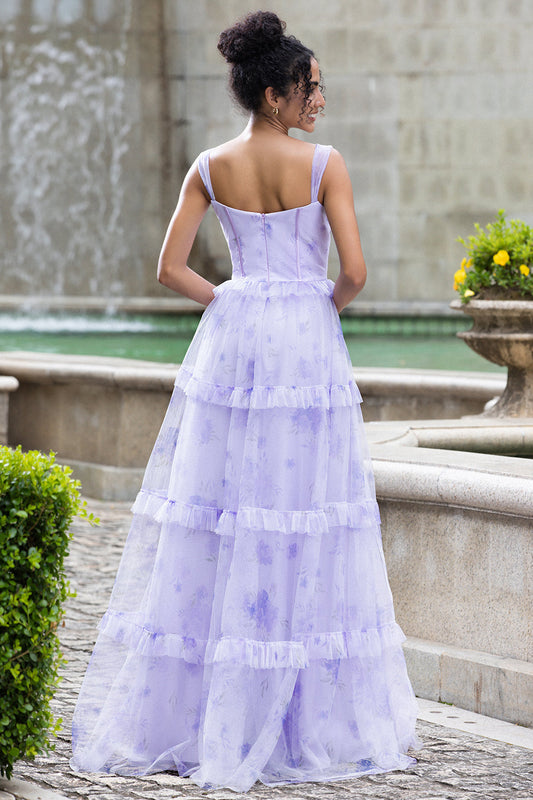 Vestido de fiesta de boda con tirantes finos, corsé de corte A y flores en capas, color lavanda