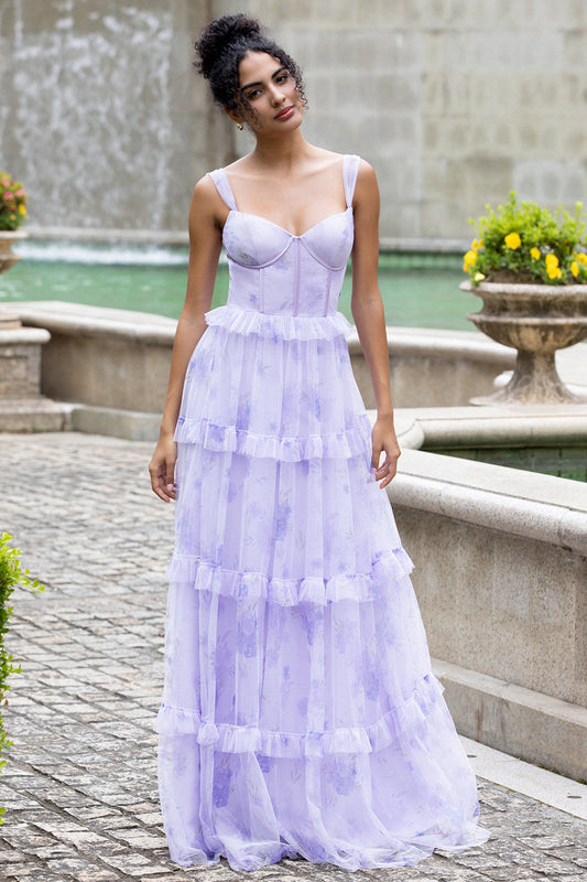 Vestido de fiesta de boda con tirantes finos, corsé de corte A y flores en capas, color lavanda