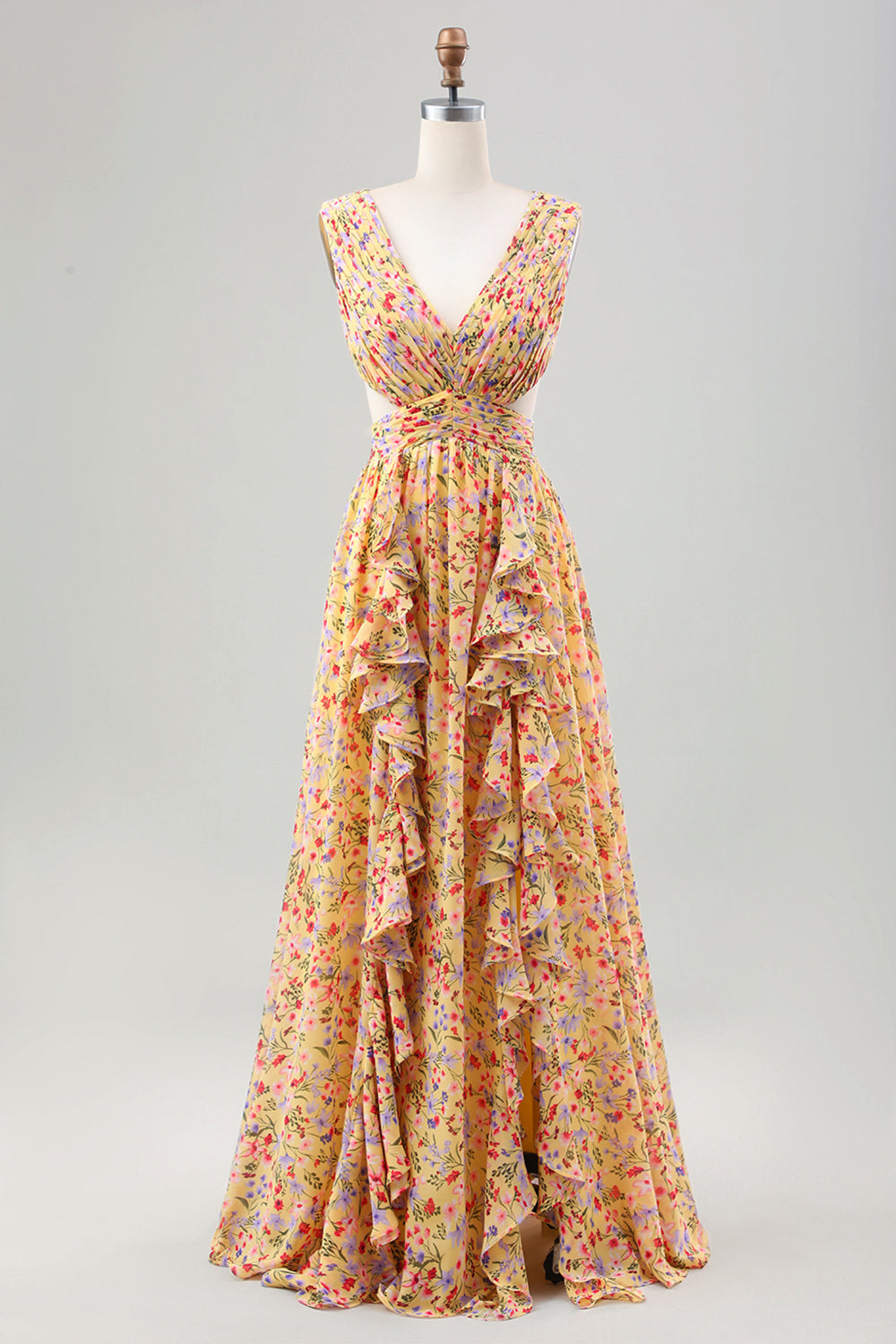 Yellow Small Flower A-Line V-Neck Pleated Ruffles Wedding Guest Dress