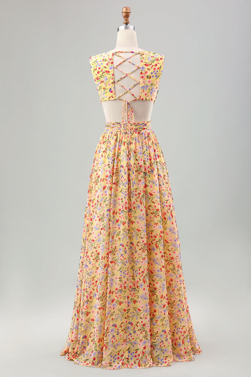 Yellow Small Flower A-Line V-Neck Pleated Ruffles Wedding Guest Dress