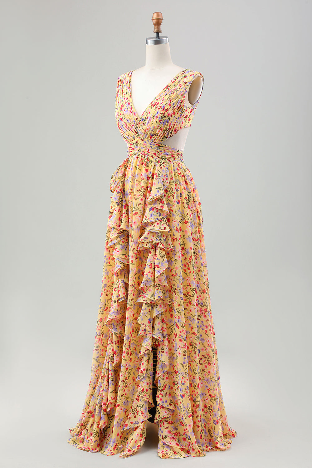 Yellow Small Flower A-Line V-Neck Pleated Ruffles Wedding Guest Dress