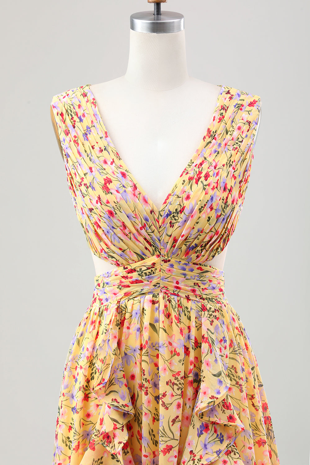 Yellow Small Flower A-Line V-Neck Pleated Ruffles Wedding Guest Dress