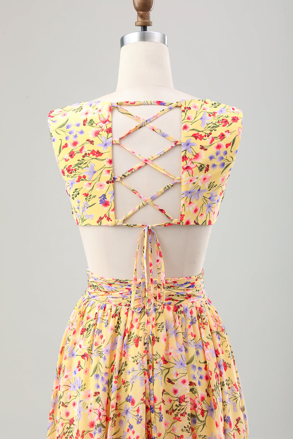 Yellow Small Flower A-Line V-Neck Pleated Ruffles Wedding Guest Dress
