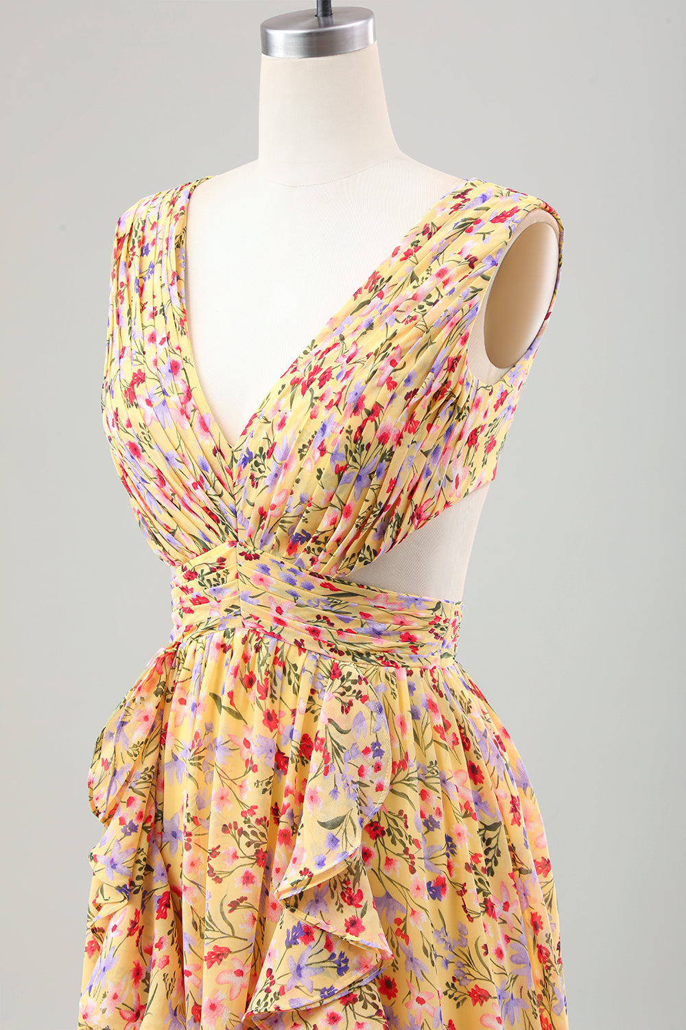 Yellow Small Flower A-Line V-Neck Pleated Ruffles Wedding Guest Dress