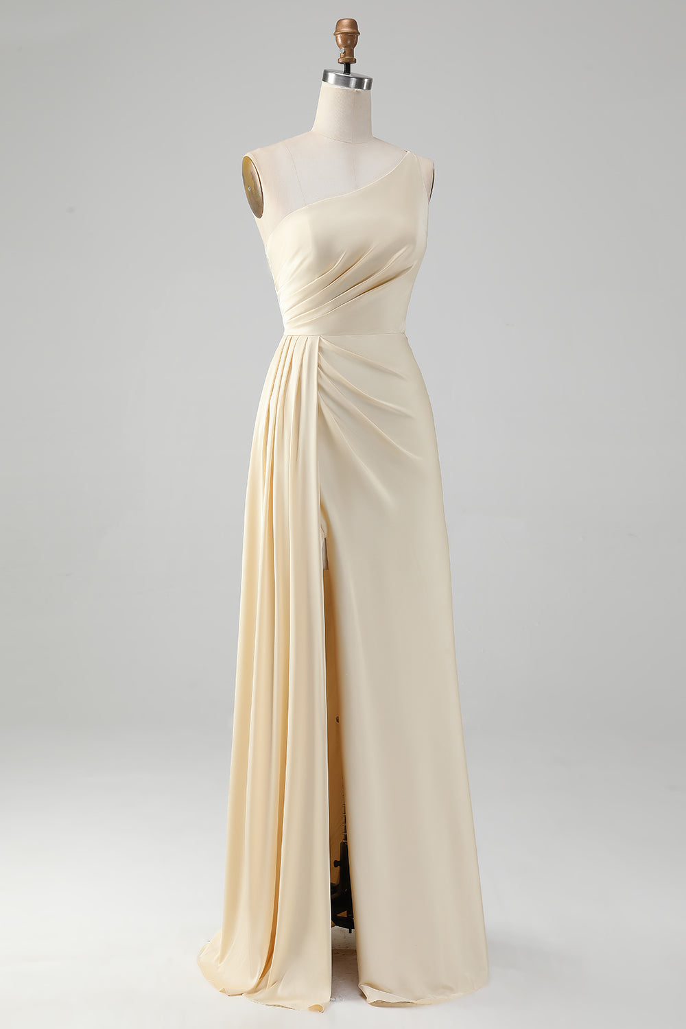 Robe longue de demoiselle d'honneur fourreau asymétrique à une épaule, couleur champagne, avec fente