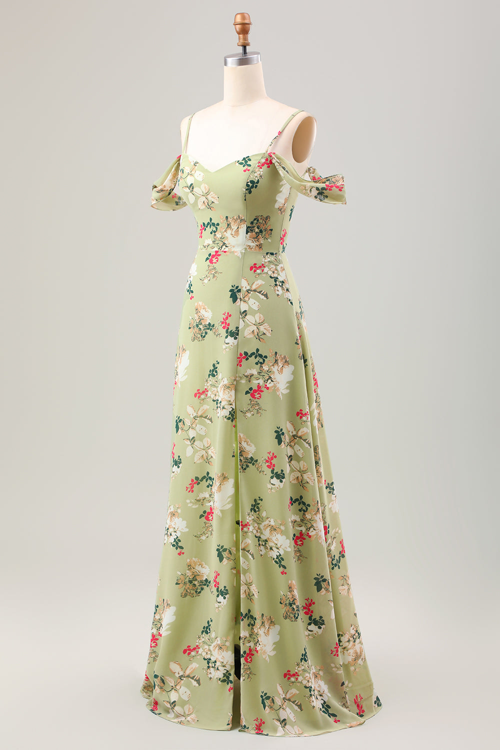 Robe de demoiselle d'honneur fendue trapèze verte à bretelles spaghetti et imprimé floral