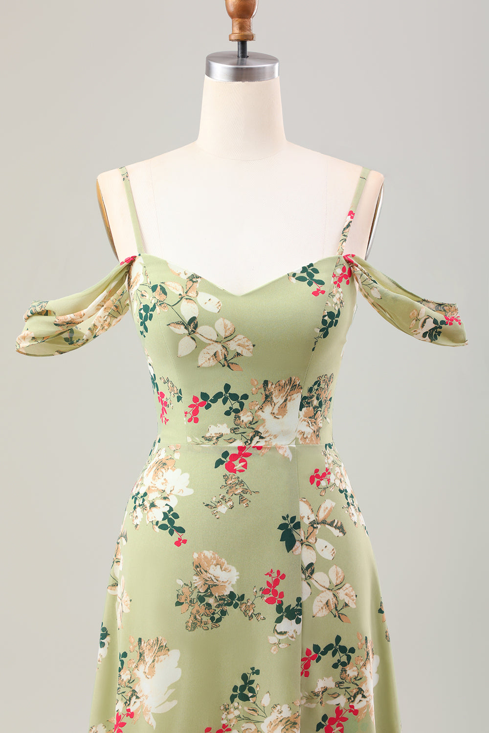 Robe de demoiselle d'honneur fendue trapèze verte à bretelles spaghetti et imprimé floral