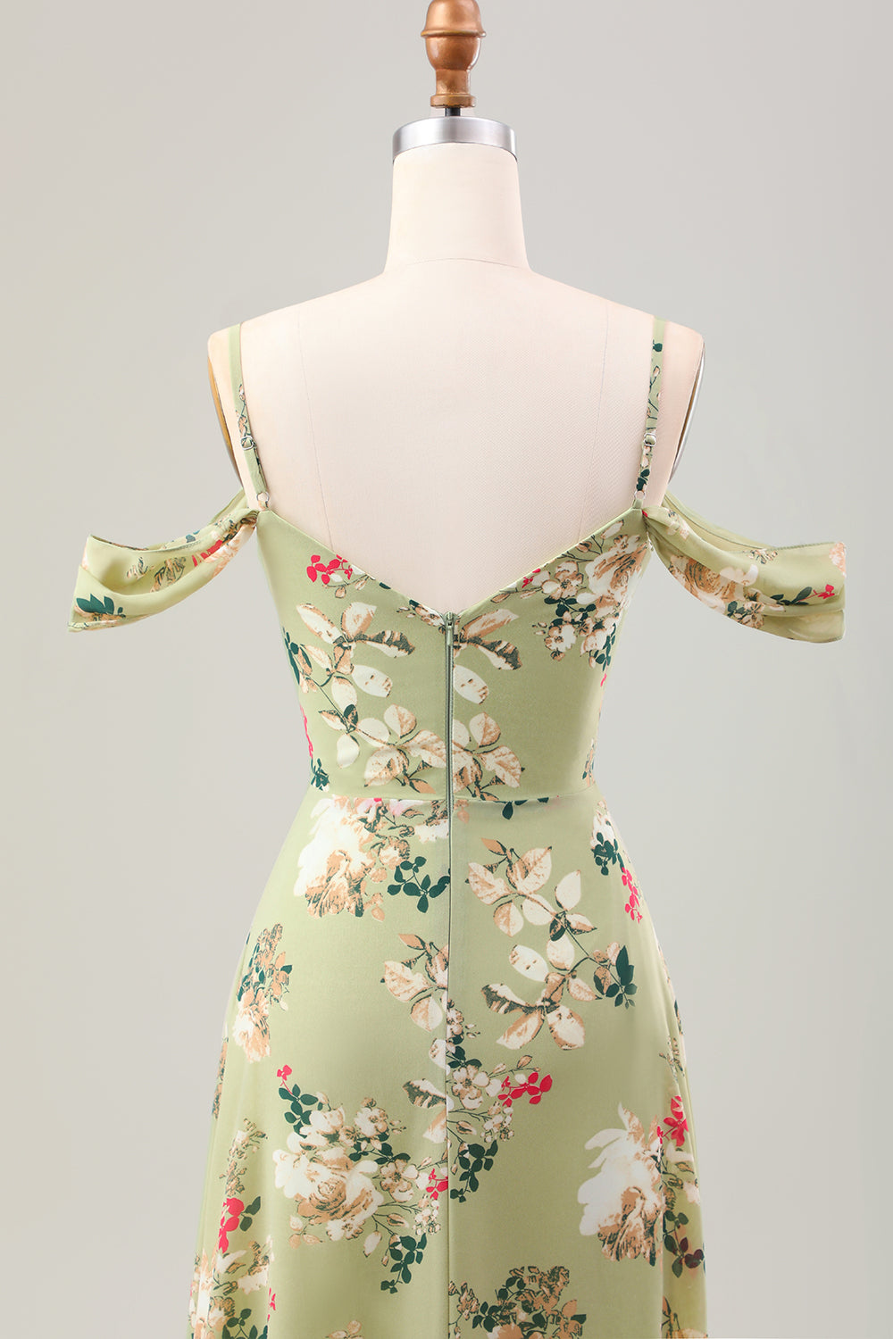 Robe de demoiselle d'honneur fendue trapèze verte à bretelles spaghetti et imprimé floral