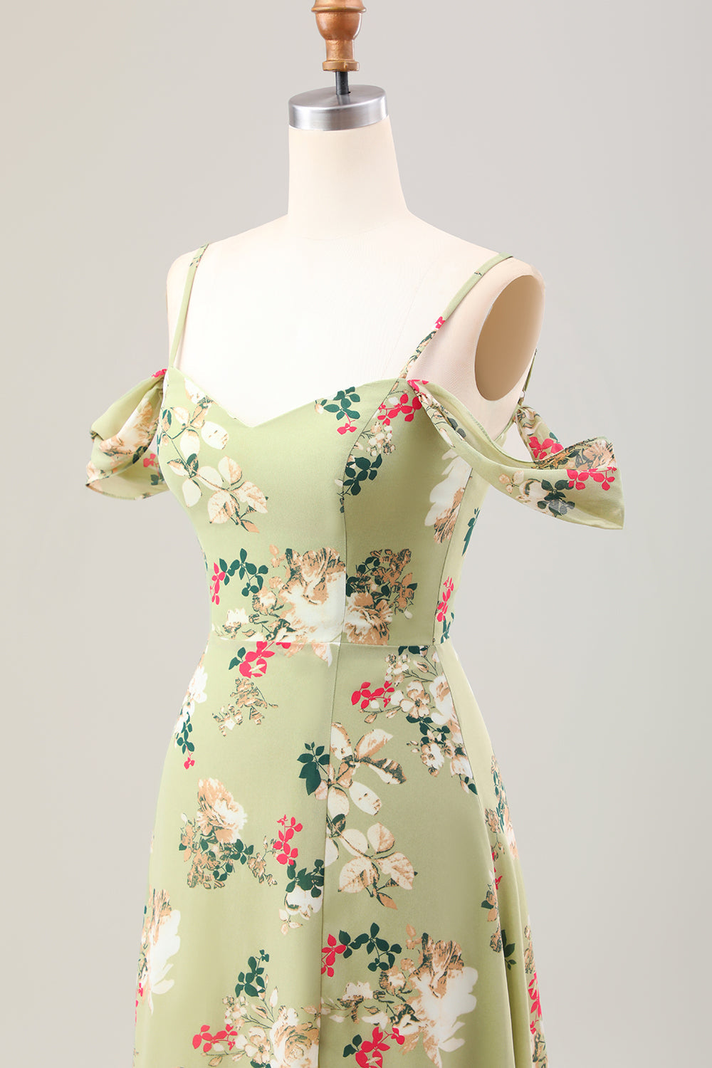Robe de demoiselle d'honneur fendue trapèze verte à bretelles spaghetti et imprimé floral