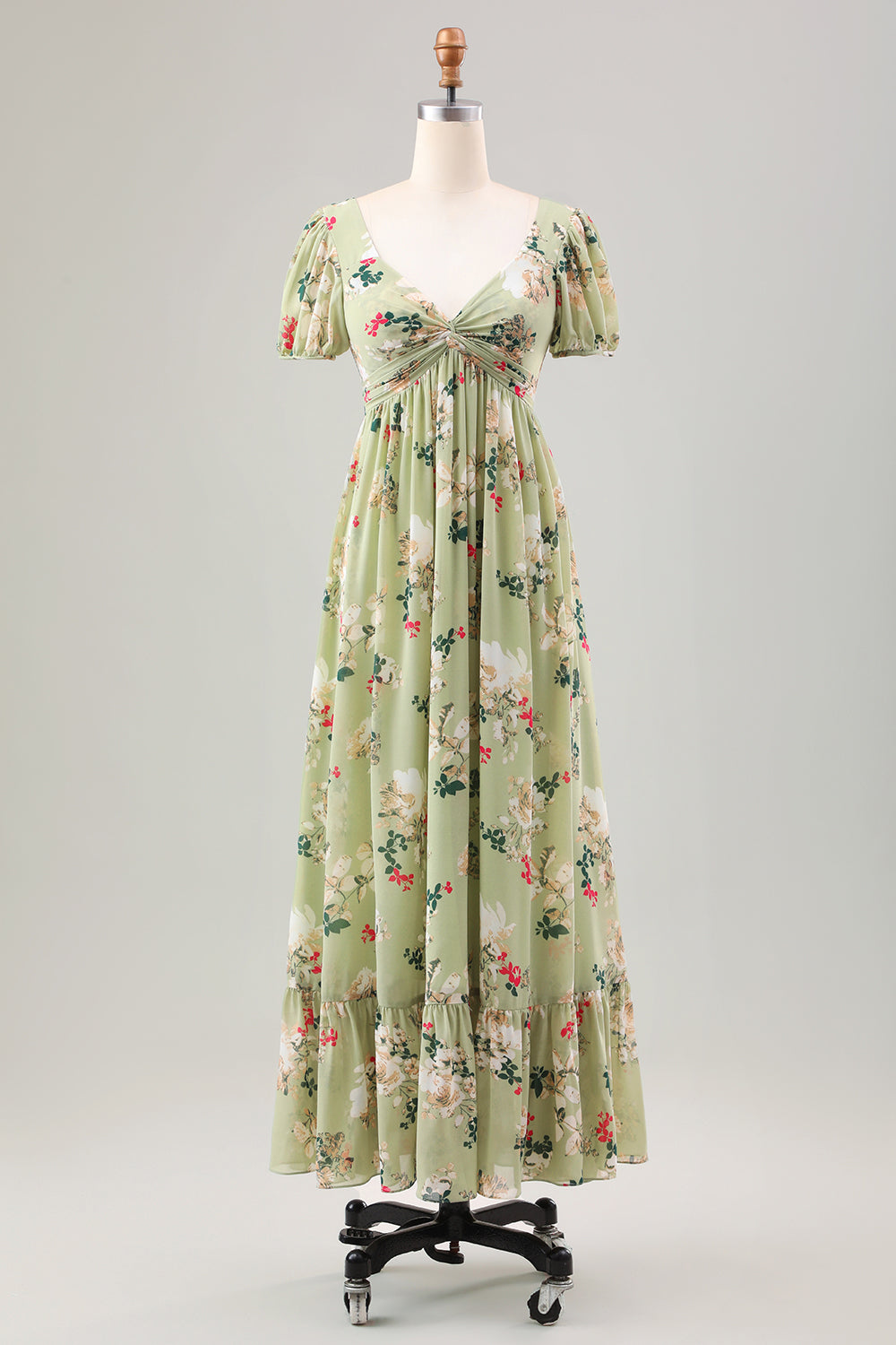 Robe de cocktail verte mi-longue avec encolure en V, manches courtes et coupe trapèze