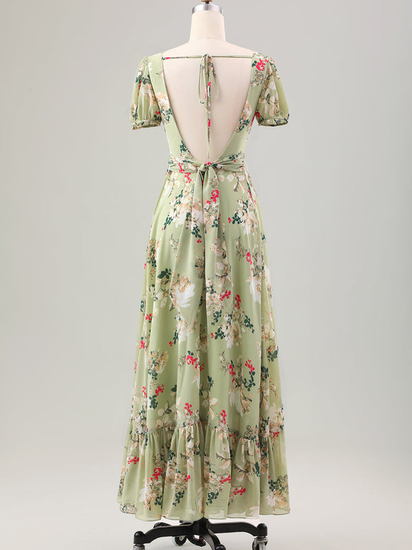 Robe de cocktail verte mi-longue avec encolure en V, manches courtes et coupe trapèze