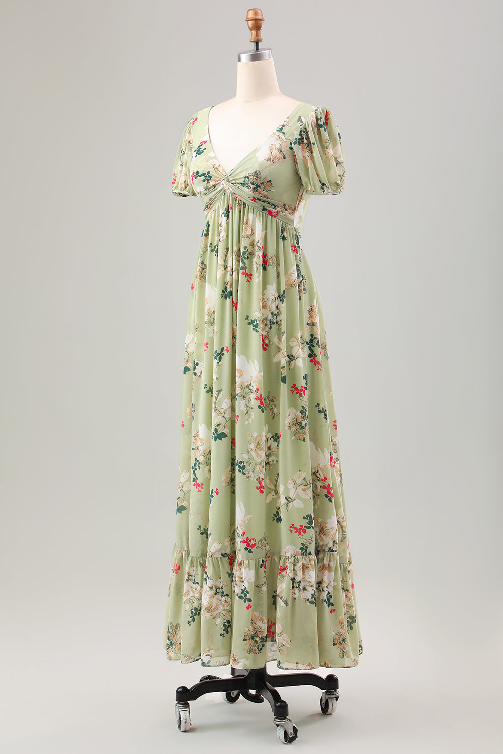 Robe de cocktail verte mi-longue avec encolure en V, manches courtes et coupe trapèze