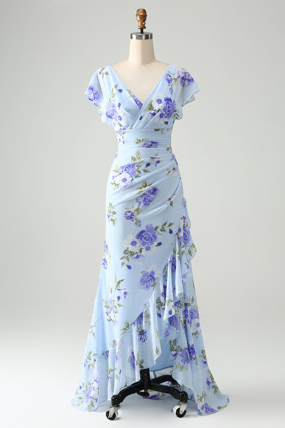 Blue Floral A-Line Ruffle Asymmetrical Wedding Guest Dress with Slit